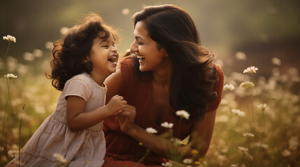 A delightful image of a happy mother and daughter. They are seen engaging in a fun activity together. 