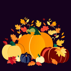 Naklejka na ściany i meble Autumn background with pumpkins, leaves and berries. Vector illustration Generative AI