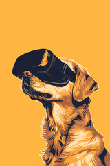 Golden retriever dog wearing a virtual reality VR headset, in a bold illustration style, with vivid colors