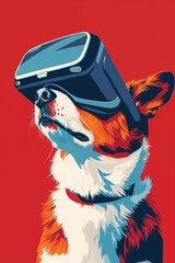 Dog wearing a virtual reality VR headset, in a bold illustration style, with vivid colors