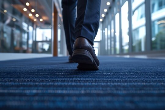 Detailed image of a business person's feet walking on a corporate floor