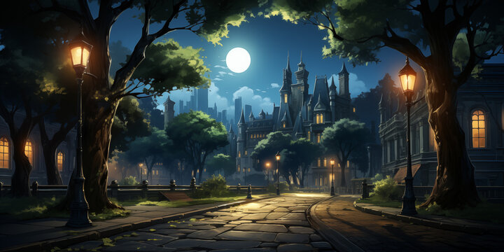 Night Castle Illustration, Cartoon, Game Design. Fantasy Medieval Castle