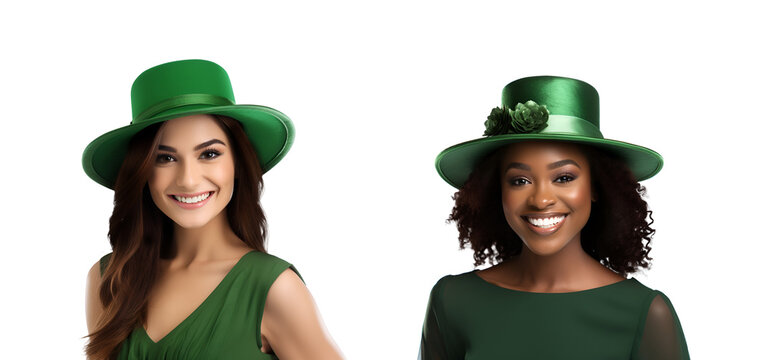 Happy Woman’s St. Patrick’s Day Celebration: Set of Diverse Irish Girls in Green Dress and Hat, Isolated on Transparent Background, PNG