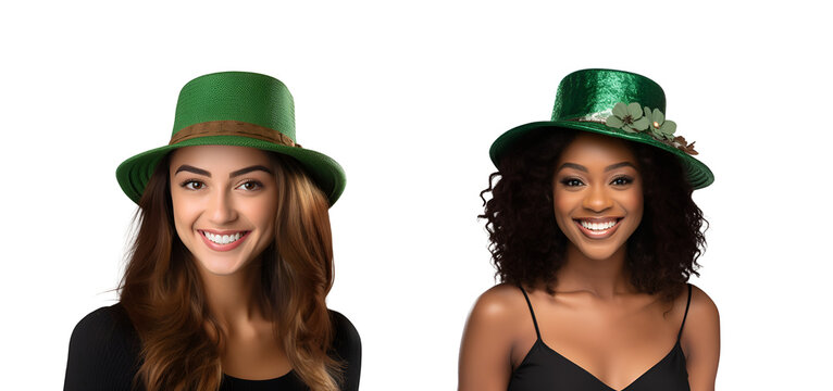 Celebrating St. Patrick’s Day: Happy Woman in Green Dress and Hat, Set of Diverse Irish Girls, Isolated on Transparent Background, PNG