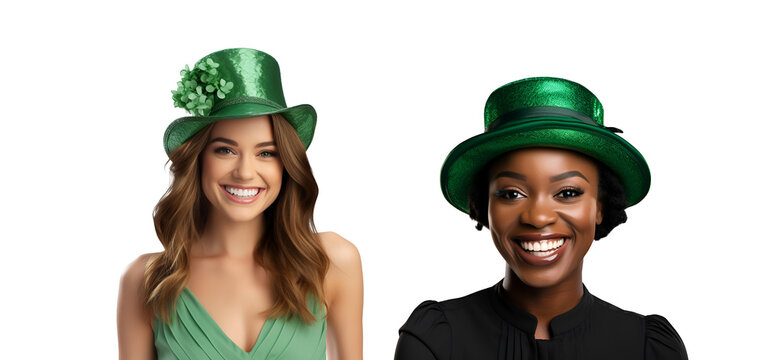 Set of Diverse Irish Girls: Happy Woman with Hat and Green Dress for St. Patrick’s Day Celebration, Isolated on Transparent Background, PNG