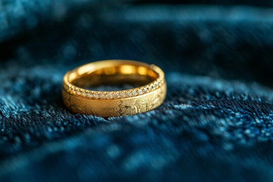 Detailed image of a golden wedding ring on velvet