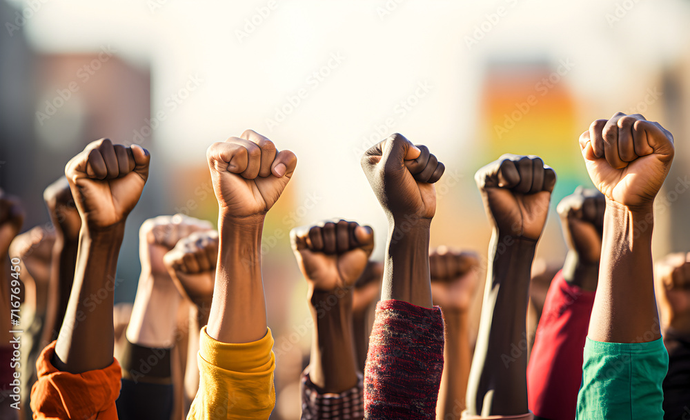 Wall mural multi-ethnic fists raised up in protest and social anxiety