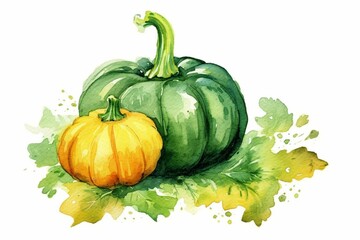 Autumn vegetable illustration of green pumpkin slice on white background. Generative AI