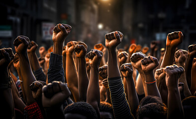 Multi-ethnic fists raised up in protest and social anxiety - obrazy, fototapety, plakaty