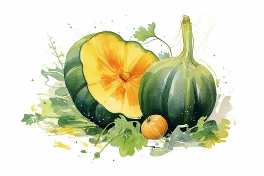 Autumn vegetable illustration of green pumpkin slice on white background. Generative AI