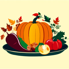 Thanksgiving day vector illustration with pumpkin, vegetables and autumn leaves. Generative AI