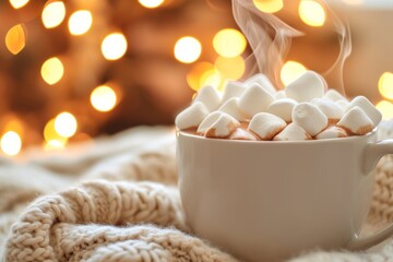 Detailed image of a steaming mug of hot chocolate with marshmallows, on a cozy background.