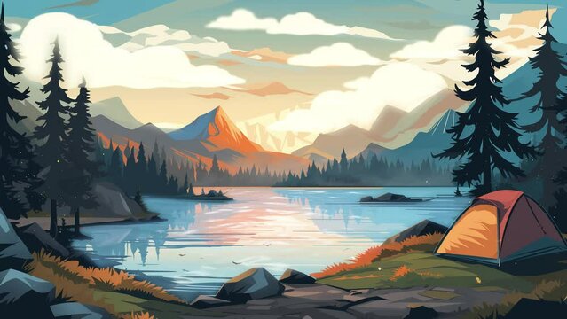 Lake View Camping and Hiking Background. cartton or anime style.seamless looping overlay 4k virtual video animation background 