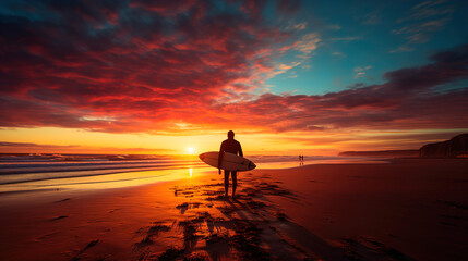 Fototapeta premium silhouette of person on the beach at sunset