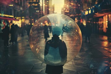 An image of a person surrounded by a bubble of silence in a noisy urban environment, visualizing solitude amid chaos