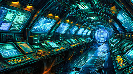 Obraz premium Sci-Fi Corridor: Futuristic Interior Design with Neon Lights and Metallic Structure