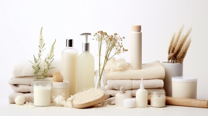 Fototapeta na wymiar natural cosmetics, ingredients and bathroom or spa accessories arranged on white banner background