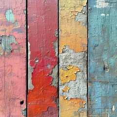 Wooden wall, super close up, the paint on the wood is peeling, old paint in colorful pastel tones, you can see the crackling of the old paint. 3D rendering concept design illustration.