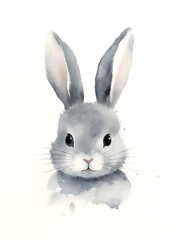 Obraz premium Illustration of an adorable Bunny Head in anthracite Watercolors on a white Background. Minimalistic Card Template with Copy Space