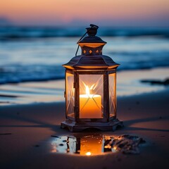 Candle Lantern on a Tranquil Beach at Dusk