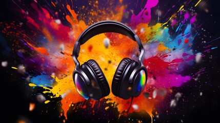 Headphones in colorful party background