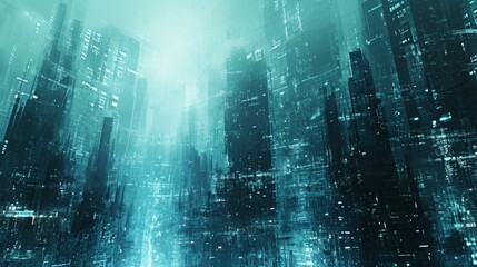 Fototapeta na wymiar Digital abstract artwork with a futuristic cityscape theme in cool tones background