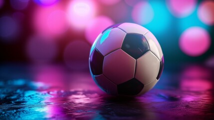 Naklejka premium Soccer ball illuminated with neon purple light on a defocused background