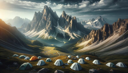 an illustration of the concept art of camping at the foot of a mountain with sunny weather and stretches of green savanna. - obrazy, fototapety, plakaty