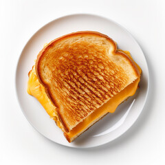 The grilled cheese sandwich on a plate isolated on a white background is in the top view