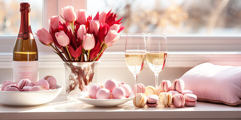 In the bright living room there are two glasses on the table, a bottle of champagne, a bouquet of roses and small cakes in a plate. Romantic date on Valentine's Day. Banner, postcard with copy space