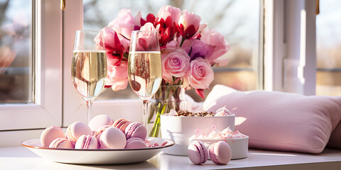 In the bright living room there are two glasses of champagne on the table, a bouquet of roses and small cakes in a plate. Romantic date on Valentine's Day. Banner, postcard with copy space