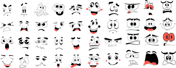 Cartoon Facial Expressions Set on an isolated background. A collection of varied cartoon faces showing multiple emotions. Vector illustration - obrazy, fototapety, plakaty