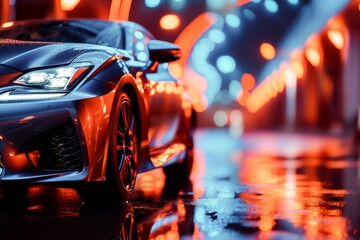 A luxury sports car on a wet city street at night, illuminated by vibrant neon city lights and urban reflections.