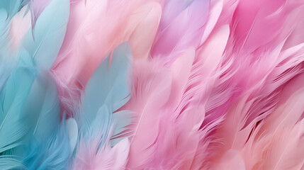Fototapeta na wymiar Background of pink and turquoise feathers, peach fuzz. Abstraction in pastel colors, fluffy surface.