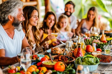 A joyful group of family and friends sharing a healthy homemade meal together at a festive outdoor gathering.