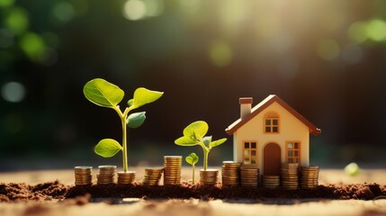 A small model house sits on stacks of coins, surrounded by green plants. Property development or investment theme. - obrazy, fototapety, plakaty