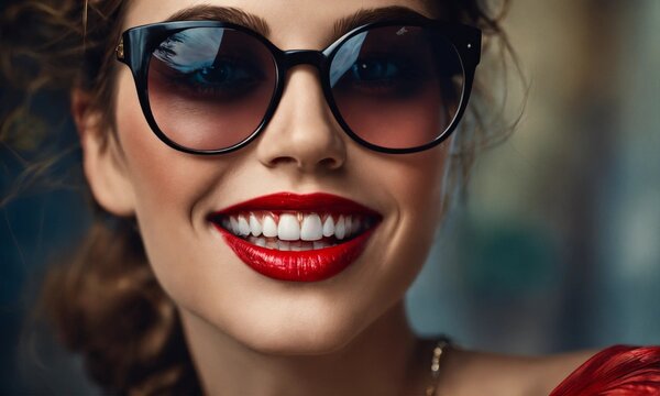 A vibrant and joyful woman with a contagious smile, wearing stylish dark glasses and bold red lipstick, gazing confidently into the future.