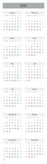 Monthly calendar of year 2025. Week starts on Sunday. Block of months in two columns vertical arrangement. Simple thin minimalist design. Vector illustration.