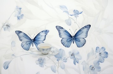Butterflies on white background flowers and cup of tea