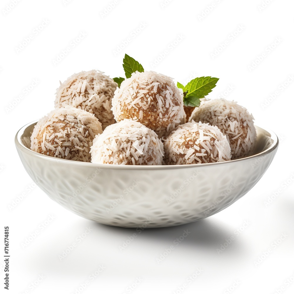 Wall mural homemade coconut bites in metal bowl isolated on white background