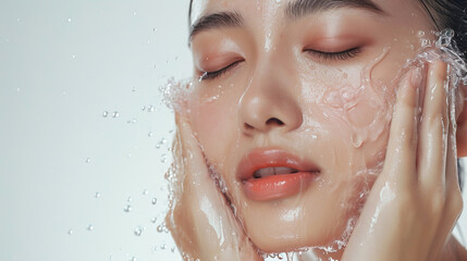Woman washing face enjoying a refreshing water splash in a spa, radiating beauty and wellness Facial care with a bright smile, Water droplets on the face, close-up of the face Banner for ads. - Powered by Adobe