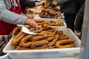 typical smoked sausage for sale, north of Portugal. Feira do fumeiro