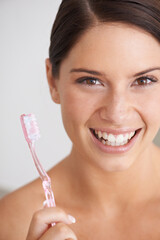 Toothbrush, smile and portrait of woman in bathroom for dental care, oral hygiene and cleaning....