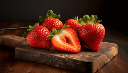 Closeup of a group of red strawberries on a wooden cutting board, on a wooden table against a dark background. Generative Ai.