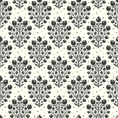 Hand drawn decorative doodle berries seamless pattern, silhouette scandinavian simple flower texture