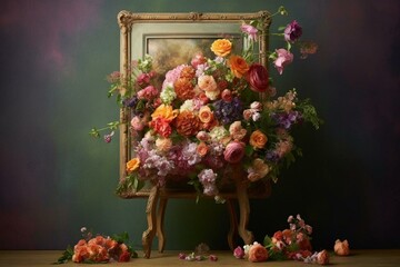 A frame filled with flowers arranged beautifully. Generative AI