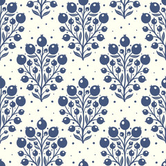 Hand drawn decorative doodle berries seamless pattern, silhouette scandinavian simple flower texture