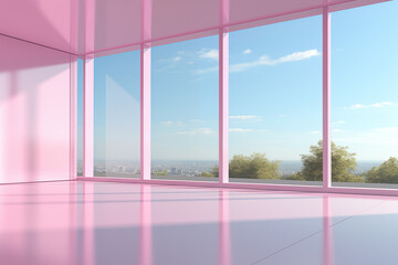 big empty pink room with big windows give a view of the sky