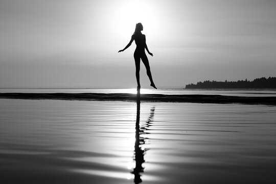 black and white image of a silhouette of a woman on the beach
