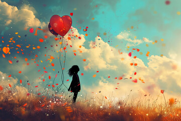 A silhouette of a girl flies a heart shaped balloon in the meadow background, copy space, horizontal 3:2